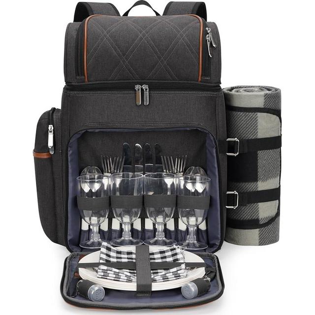 Picnic Backpack for 4, Picnic Basket Set, Leakproof Picnic Bag, Beach Cooler Backpack with Insulated Cooler Wine Pouch,Picnic Blanket, Double Deck Picnic Backpack for Beach,Camping,Park (Brown)