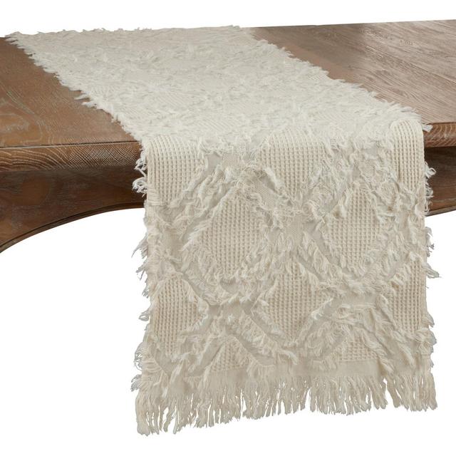 72" x 16" Cotton Waffle Weave Fringed Table Runner White - Saro Lifestyle