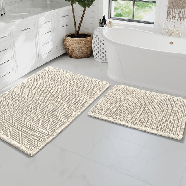 H.VERSAILTEX Waffle Bath Mat Super Absorbent Bathroom Mats Non Slip Bath Rugs for Bathroom Floor Machine Washable Ultra Soft Bathroom Rugs for Beside Tub, (32 x 20 Plus 24 x 17 - Inches, Ivory)