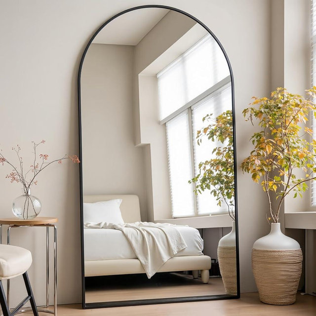 Prywot Arched Full Length Mirror, 71"x30" Free Standing Floor Mirror, Modern Full Body Mirror with Stand, Wall Mirror with Aluminum Alloy Frame for Bedroom,Living Room, Black