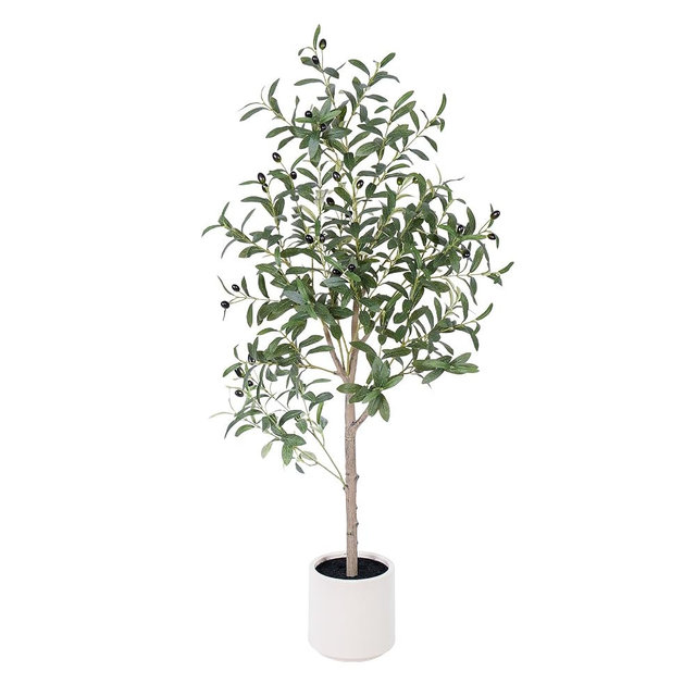 AQUGQ Olive Tree Artificial Indoor, 4ft Tall Silk Faux Olive Tree with White Planter, Artificial Plants with Natural Wood Trunk and Lifelike Fruits for Home Office Decor