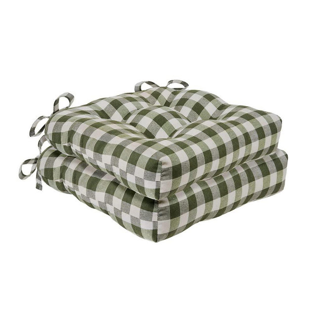 Buffalo Check Tufted Chair Seat Cushions, 2-Pack, Sage - 16" x 15" x 3" - Comfortable Seat Cover Pad with Stain Repellent Fabric & Ties to Indoor & Ourdoor Chair Styles by Achim Home Decor