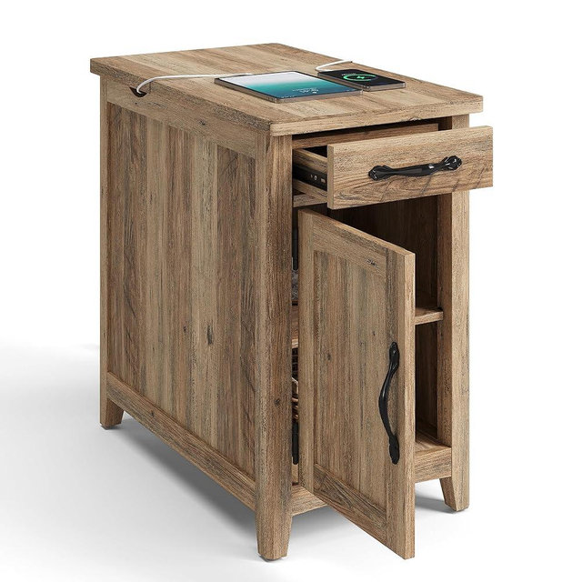 LINSY HOME End Table with Charging Station, Side Table for Bedroom with Drawer and Detachable Holder, Multiple Storage Space, Extra Storage & Display Space, Small Nightstand for Living Room