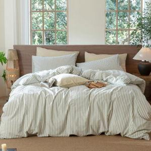 Sage Striped Duvet Cover Set, Queen