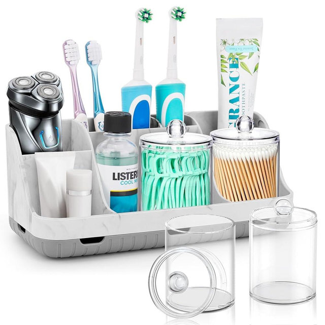 GFWARE Bathroom Toothbrush Holder Set with 2 Pack Qtip Holder Dispenser - Detachable 7 Slots Bathroom Accessory Set, Kids Marble Bathroom Sink Counter Set, Bathroom Essentials Decor, Grey