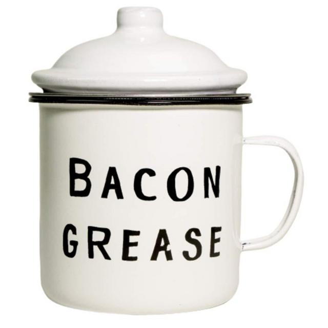 Bacon Grease Saver with strainer - rustic mid-century modern farmhouse  design, white enamel on metal, 4 inch x 4 inch vintage enamelware with lid