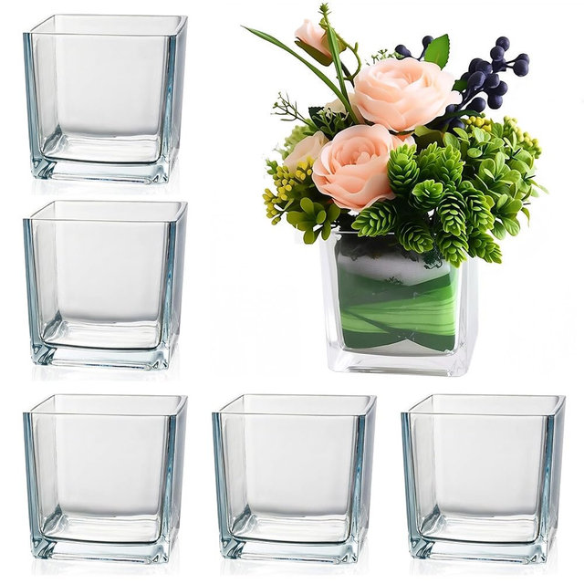 Set of 6 Square Glass Vase 5" x5" x 5" Square Vases for Centerpieces | 6 Pack 5×5 Inch Clear Glass Square Vase Bud Vases in Bulk Flowers Terrarium Candle Holder