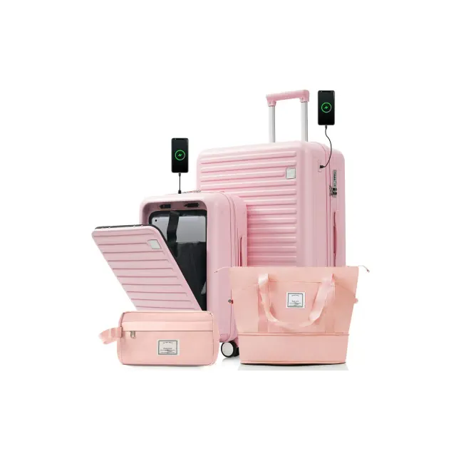 Whisen 4-Piece ABS Luggage Set with 20"/28” Checked & Carry on Suitcases, Duffel Bag and Toiletry Bag, Front-Opening Panel, USB - Pink