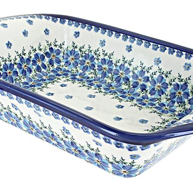 Blue Rose Polish Pottery - Blue Kalina Large Rectangular Baker with Handles - 11.5" x 9.25" - Unique, Dishwasher Safe, & Durable Bakeware