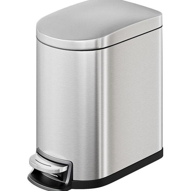 GarveeHome 1.6 Gal Step-On Trash Can, Stainless Steel Small Bathroom Garbage Bin with Soft Close Lid, Slim Space-Saving Design, Removable Inner Bucket for Bathroom, Bedroom, Office, Silver