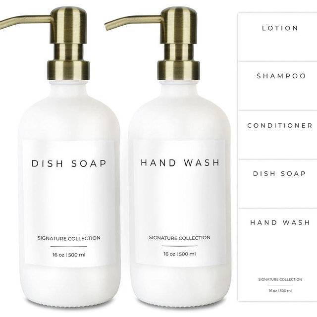 Emerson Soap Dispenser, Dish Soap Dispenser for Kitchen, Soap Dispenser Bathroom Set, Hand Soap Dispenser - Kitchen Soap Dispenser Set, Glass Soap Dispenser with Pump and Labels, 16 Oz, 2 Pack