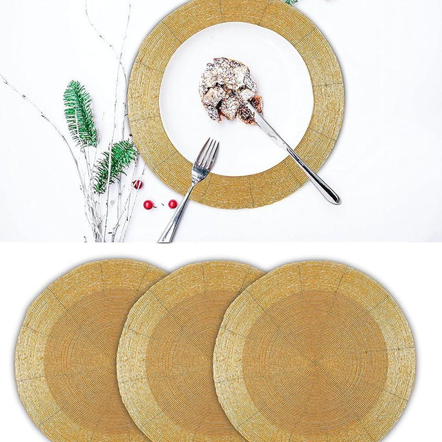 Homebia Designs Champagne Handmade Beaded Placemats Set of 4 – 13 Inch Round Charger Mats for Dining Table Décor, Wedding, Party & Holiday Use