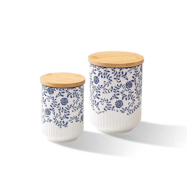 Cerkik Canisters Sets for the Kitchen - 2 Pcs 36/18 oz Ceramic Kitchen Containers for Countertop with Airtight Wood Lids - Flour and Sugar Containers for Coffee Tea Spice Beans Cookie Jars - Blue