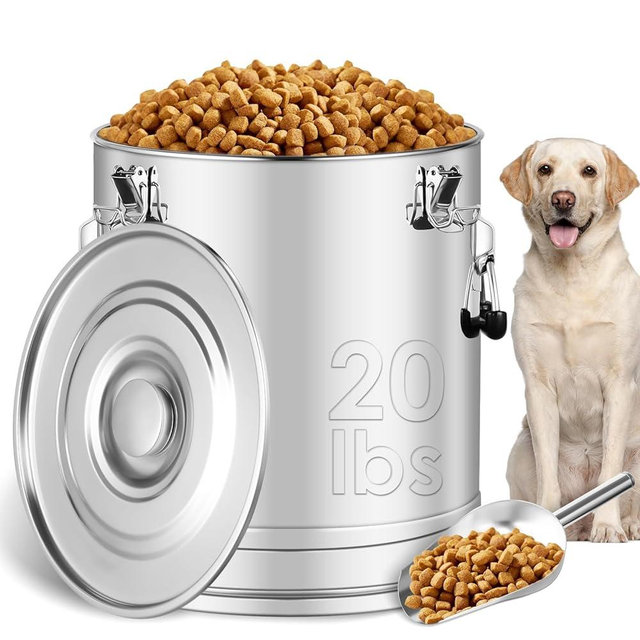 Stainless Steel Dog Food Storage Container,20LB/25LB Airtight Dog Food Storage Container with Lid to Keep Fresh,Easy Clean Large Pet Food Storage Container with Scoop for Cat Food,Chicken Feed,Rice