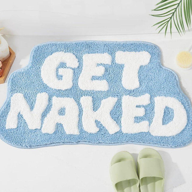 DyeFury Irregular Shaped Get Naked Bath Mat - Funny Bathroom Rugs, Small Cute Bathroom Decor, Non-Slip Blue and White Rugs 31" x 18"