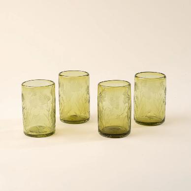 Etched Thistle Glassware - Tumbler Set of 4 / Olive
