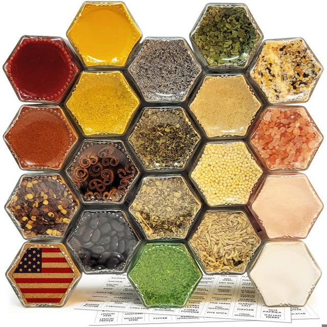 20 Set Magnetic Spice Jars for Refrigerator Hexagon Glass Spice Jars with Magnetic Lids, Shaker, Spice Labels, Magnetic Glass Spice Containers for RV Travel Trailer Kitchen Fridge Cabinet Wall mount