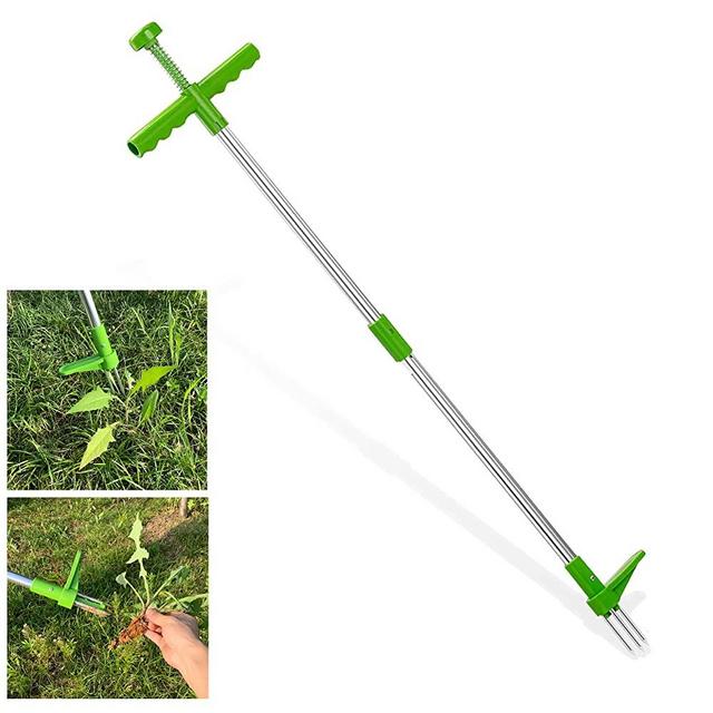 Homthia Stand-Up Weeder Root Removal Tool with 3 Stainless Steel Claws, 39" Long Reinforced Aluminum Alloy Pole Manual Remover Weed Puller Hand Tool with High Strength Foot Pedal