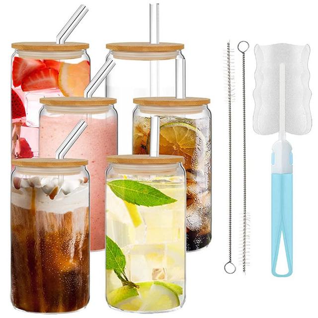 GIVAMEIHF Drinking Glasses with Bamboo Lids and Glass Straw 6pcs Set - 16oz Can Shaped Glass Cups, Beer Can Glasses, Iced Coffee Glasses, Cute Tumbler Cup, Soda,Ideal for Cocktail,Whiskey, Gift