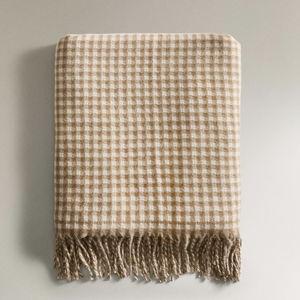 CHECK BLANKET WITH FRINGING - DARK BEIGE
