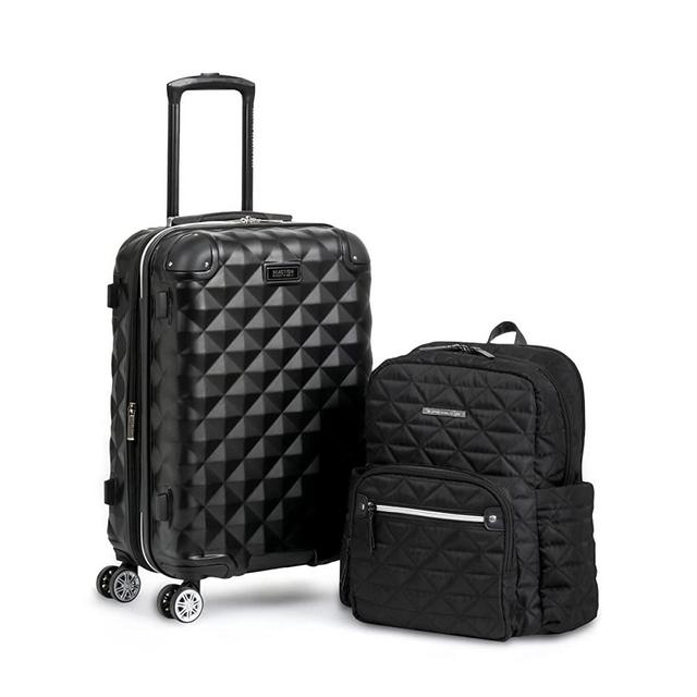 Kenneth Cole REACTION Diamond Tower Luggage Collection Lightweight Hardside Expandable 8-Wheel Spinner Travel Suitcase, Black, 2pc Bundle (Carry On+Backpack)