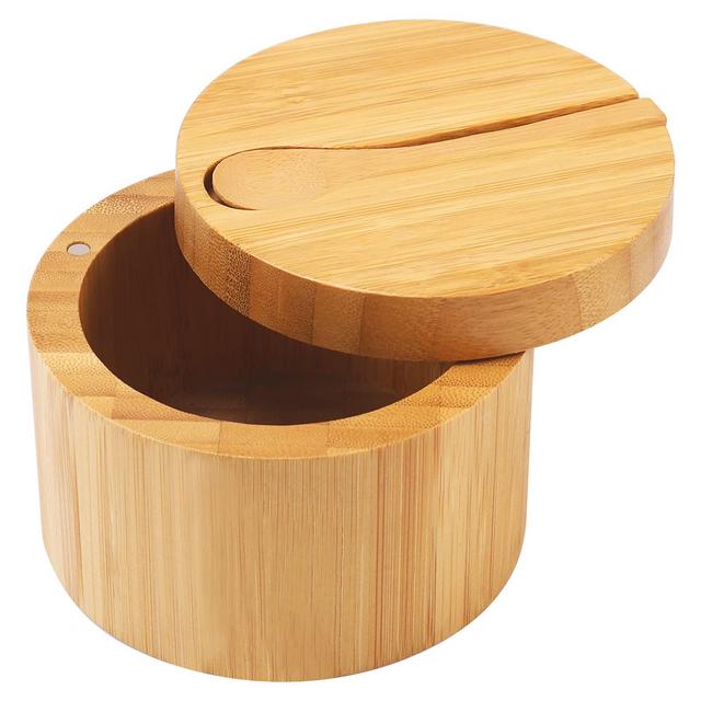 Bamboo Salt Cellar with Mini Spoon by HTB, Kitchen Salt Box with Swivel Magnetic Closure Lid, Round Salt Container to Storage Pepper Spice Bath Salt Sea Salt