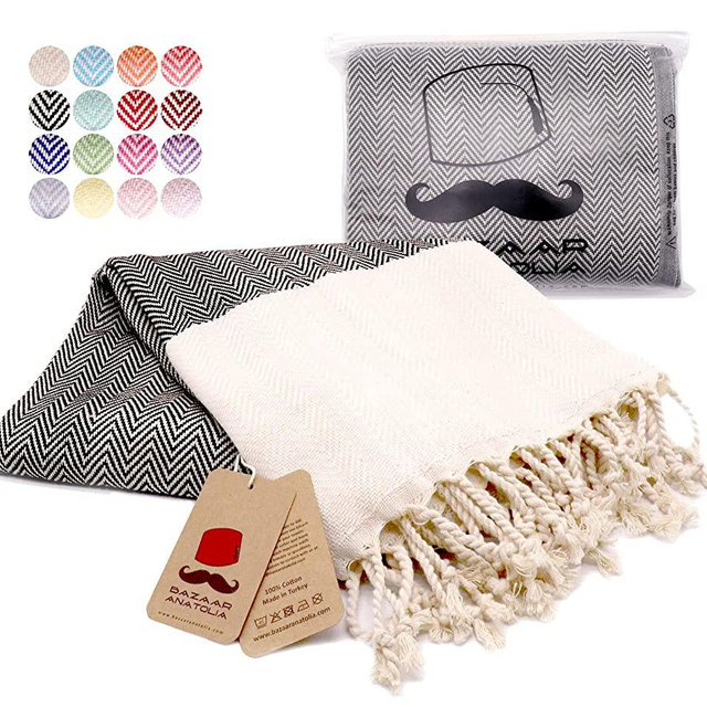 Bazaar Anatolia Herringbone Turkish Towel 100% Cotton Peshtemal Bath Towel 77x38 Thin Lightweight Travel Camping Bath Sauna Beach Gym Pool Blanket Fouta Quick Dry Towels (Black)