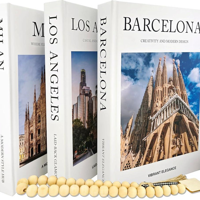 Aesthetic Decorative Books - Coffee Table, Bookshelf, Mantel, Home Decor - 3 Hardcover Travel-Themed Display Stacked Books with Blank Pages Featuring World Cities: Barcelona, Milan & Los Angeles