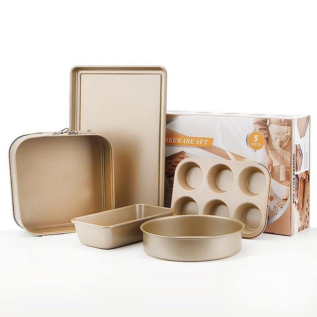 Nonstick Baking Pan Bakeware Sets 5PCS for Starter by HYTK, 10x15Inch Cookie Sheet Tray 6 Cup Muffin Pan 9Inch Round/Square Springform Cake Pan 1Lb Loaf Bread Pan Carbon Steel Non-Toxic BPA Free Gold