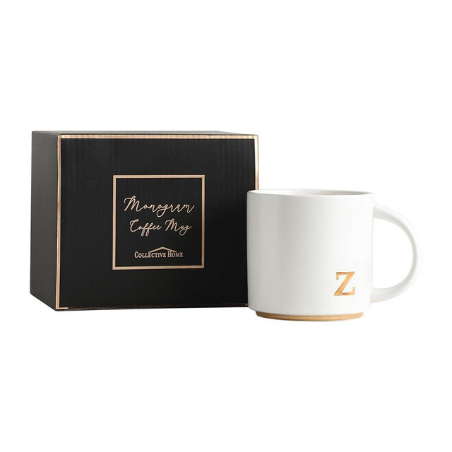 COLLECTIVE HOME - Monogram Ceramic Mugs, 15 oz Golden Initial Coffee Cups, Elegant Alphabet Tea Mugs, Elegant Personalized Mug with Gift Box, Luxurious Cups for Office and Home (z)