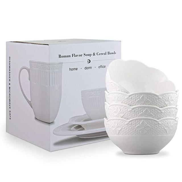 STAR MOON 19 Ounce Ceramic Bowls, Elegant European Charm Ceramic Dinnerware, Large Cereal Bowls, Large Soup Bowls, Microwave&Dishwasher Safe, Four-Leaf Clover Collection, Set of 4 (Ivory White)