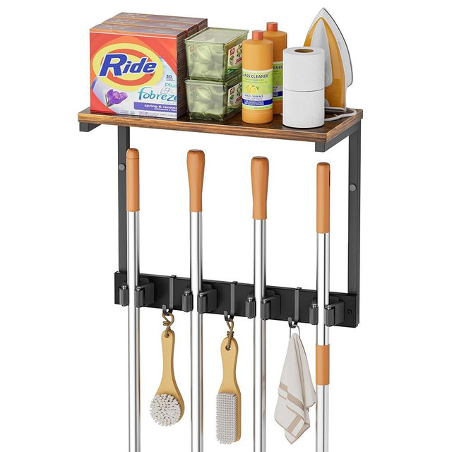 Broom Holder Wall Mount with Cleaning Supplies Organizer, Laundry Room Organization and Storage Shelves, Mop Hanger Broom Rack with Hooks, Home Improvement Kitchen Shelf Garage Organizer