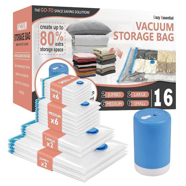 Vacuum Storage Bags with Electric Pump, 16 Pack (2 Jumbo/2 Large/6 Medium/6 Small) Vacuum Seal Space Saver Bags for Clothing, Pillows, Blanket, Bedding, Comforters