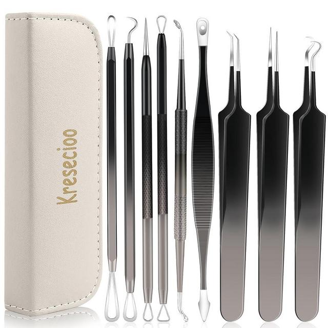 Kresecioo Pimple Popper Tool Kit Blackhead Remover Tools, 9 PCS Professional Pimple Acne Tools Extractor Kit for Nose Face, Stainless Blemish Whitehead Zit Popper Tool with a Leather Bag(Black)