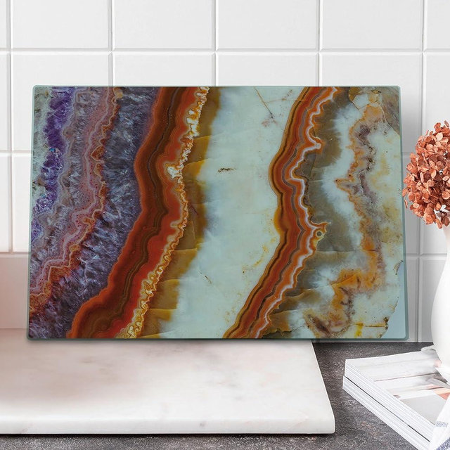 Lunarable Marble Print Cutting Board, Gradient Macro Quartz Rock Surface Natural Minerals Glazed Beauty Display, Decorative Tempered Glass Cutting and Serving Board, Large Size, Multicolor