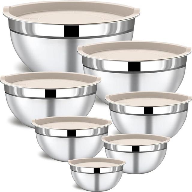 Funnydin 7 Piece Stainless Steel Mixing Bowls with Lids Set - Khaki Nesting Metal Mixing Bowls for Kitchen, Sizes 4.5, 4, 3.5, 2.1, 1.5, 1.1, 0.7 Qt for Baking, Cooking and Serving, Dishwasher Safe