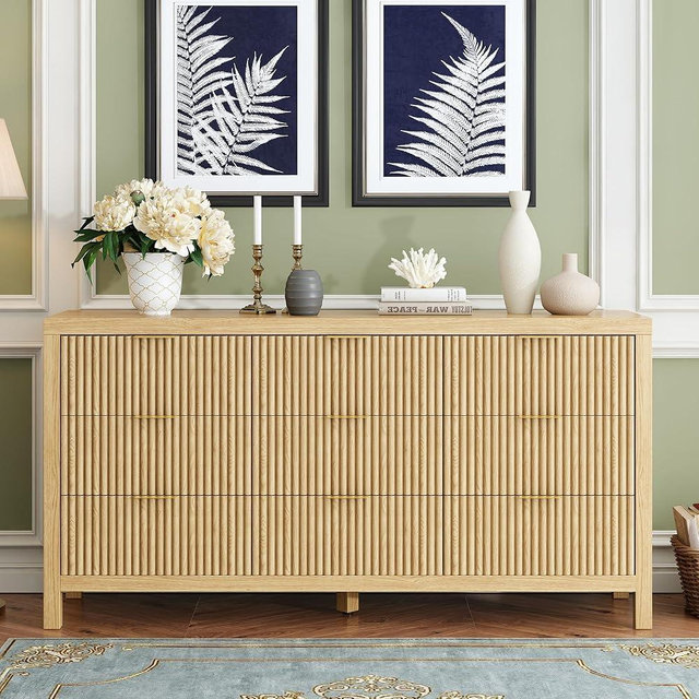 JZXSHD 9 Drawers Dresser, Modern Large Chest Mid Century Modern Dresser TV Stand, Storage Organizer Dresser with Solid Natural Wood Legs for Bedroom, Living Room, Hallway, Natural Oak