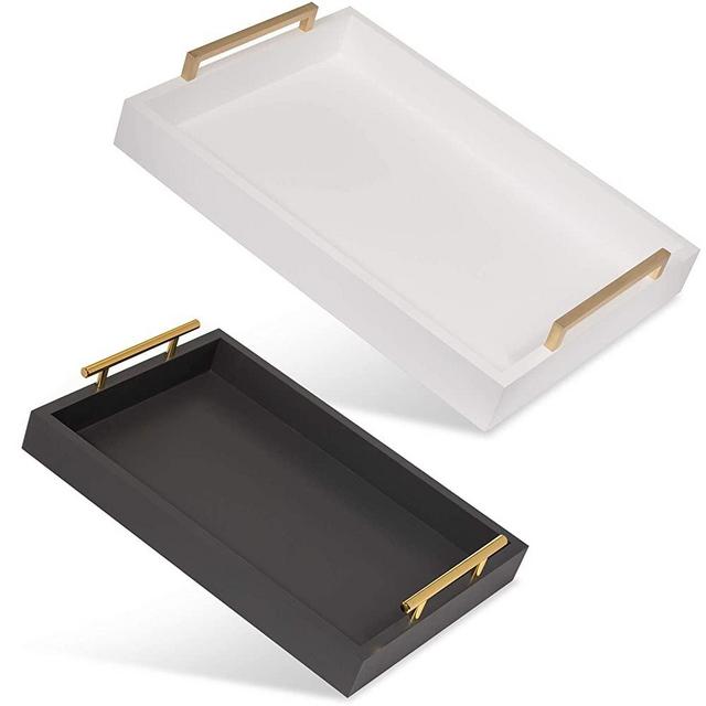 Ottoman Trays (Set Of Two) Tray For Ottoman Coffee Table_ Decorative Serving Trays_ Coffee Table Tray_ White & Dark Grey Decorative Trays With Metal Handles_ Moudja's Decorative Trays
