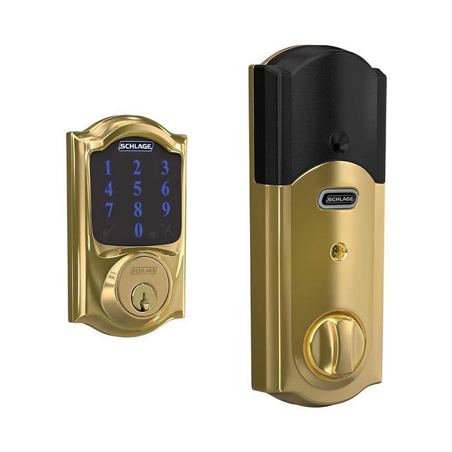 Schlage Lock Company BE469ZP CAM 605 Schlage Connect Smart Deadbolt with alarm with Camelot Trim in Bright Brass, Z-Wave Plus enabled,