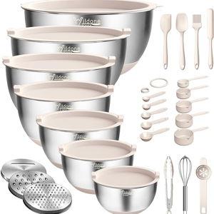 Wildone Mixing Bowls with Airtight Lids, 27 PCS Stainless Steel Nesting Bowls - Khaki