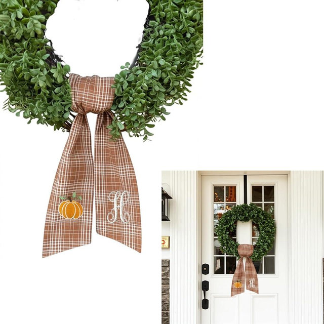 Autumn Door Wreath Sash Embroidered with White Letters and Pumpkins On A Plaid Wreath Sash Ideal for Housewarming Gifts, Autumn Thanksgiving, Halloween, and Christmas Porch Decorations -H