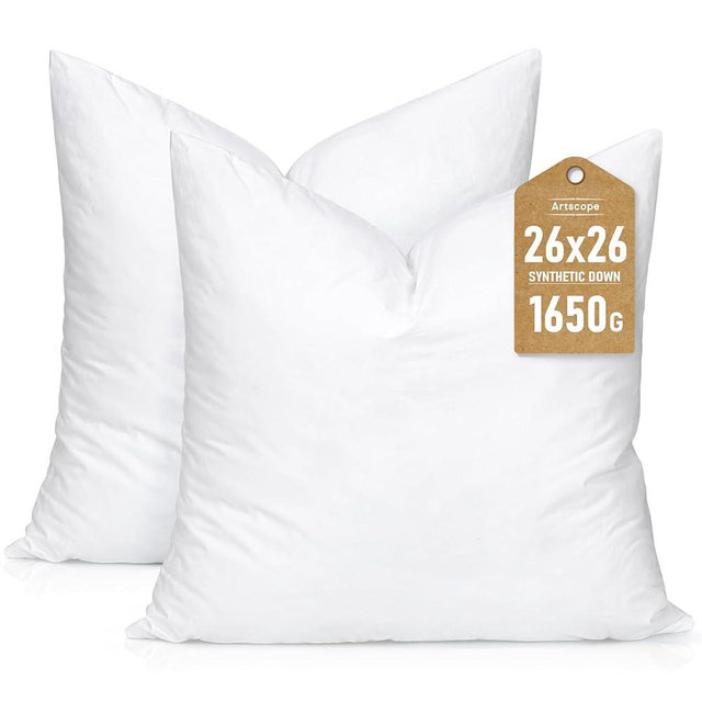 Artscope Synthetic Down Pillow Insert,26x26 Down Alternative Throw Pillow Insert. Ultra Soft Fluffy Sleeping Pillow with 100% Cotton Cover, Decorative Pillows Set of 2-White.