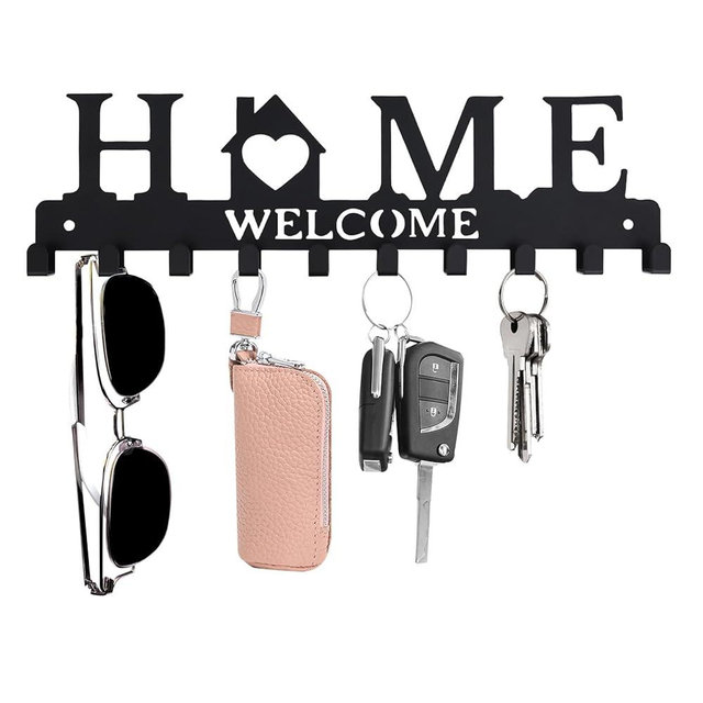HOMEBROS Key Holder Wall Mount, Metal Adhesive Key Hanger with 10 Hooks, 2 Installation Methods, Black