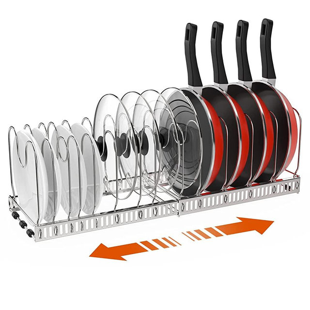 Housolution Pot and Pan Organizer Rack for Cabinet, Expandable Pot Lid Organizer with 14 Adjustable Dividers, Kitchen Organizer Holder for Cutting Board, Bakeware, Cookie/Baking Sheet, Silver