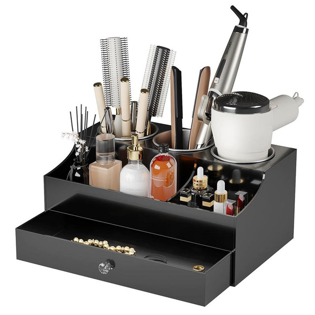 Hair Tool Organizer, Acrylic Hair Blow Dryer Holder Stand for Straightener and Curling Storage, Bathroom Vanity Countertop Organization for Makeup Accessories (Black)