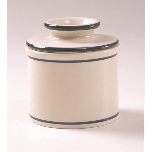 Ancient-Style Butter Preserving Serving Ceramic Crock 1/2 Cup Beige Blue Stripe