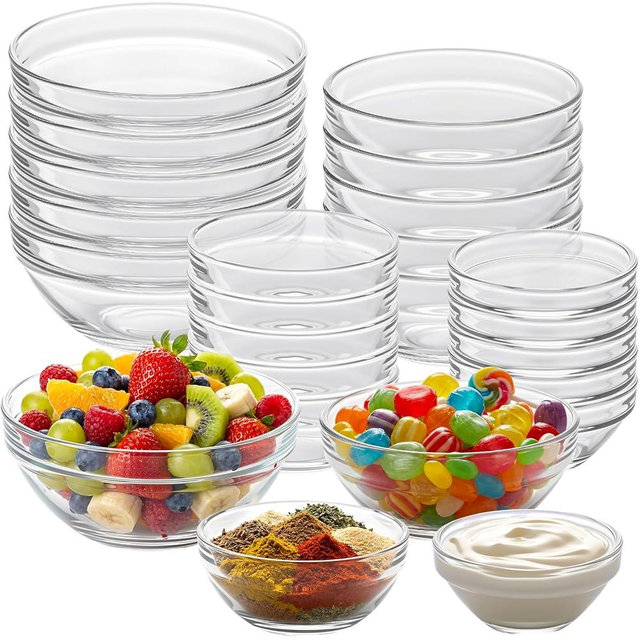 LemonRoad 20 Pcs Glass Prep Bowls Sets 4 Sizes 2.5/4.5/8.5/12.9 oz Cooking Clear Small Prep Pinch Bowls Mini Stackable for Toppings, Kitchen, Salt, Spices, Dipping, Baking & Meal