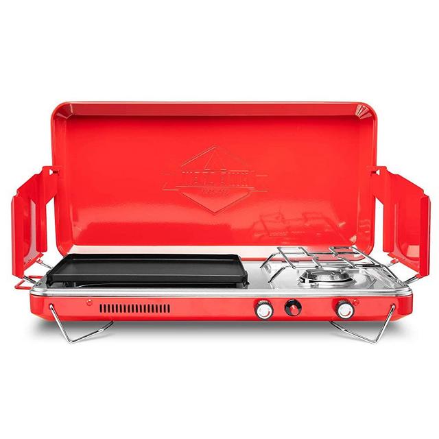 Hike Crew 2-in-1 Gas Camping Stove | Portable Propane Grill/Stove Burner w/Integrated Igniter & Stainless Steel Drip Tray | Built-in Carrying Handle, Foldable Legs & Wind Panels | Includes Regulator