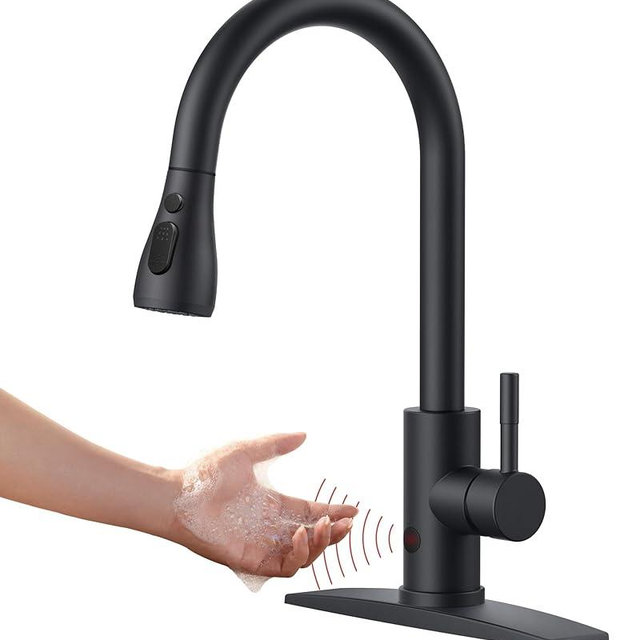 FORIOUS Touchless Kitchen Faucet with Pull Down Sprayer, Black Hands-Free Smart Motion Sensor Sink Faucet Single Handle Contemporary, Suitable for Farmhouse Laundry Camper RV Bar