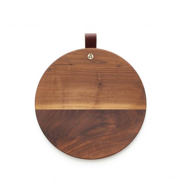 Round Walnut Cutting Board with Leather Tab